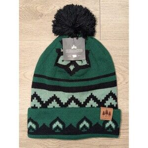 NWT The Montana Scene Beanie Green Black Pattern One Size Adult Pom Pom Winter